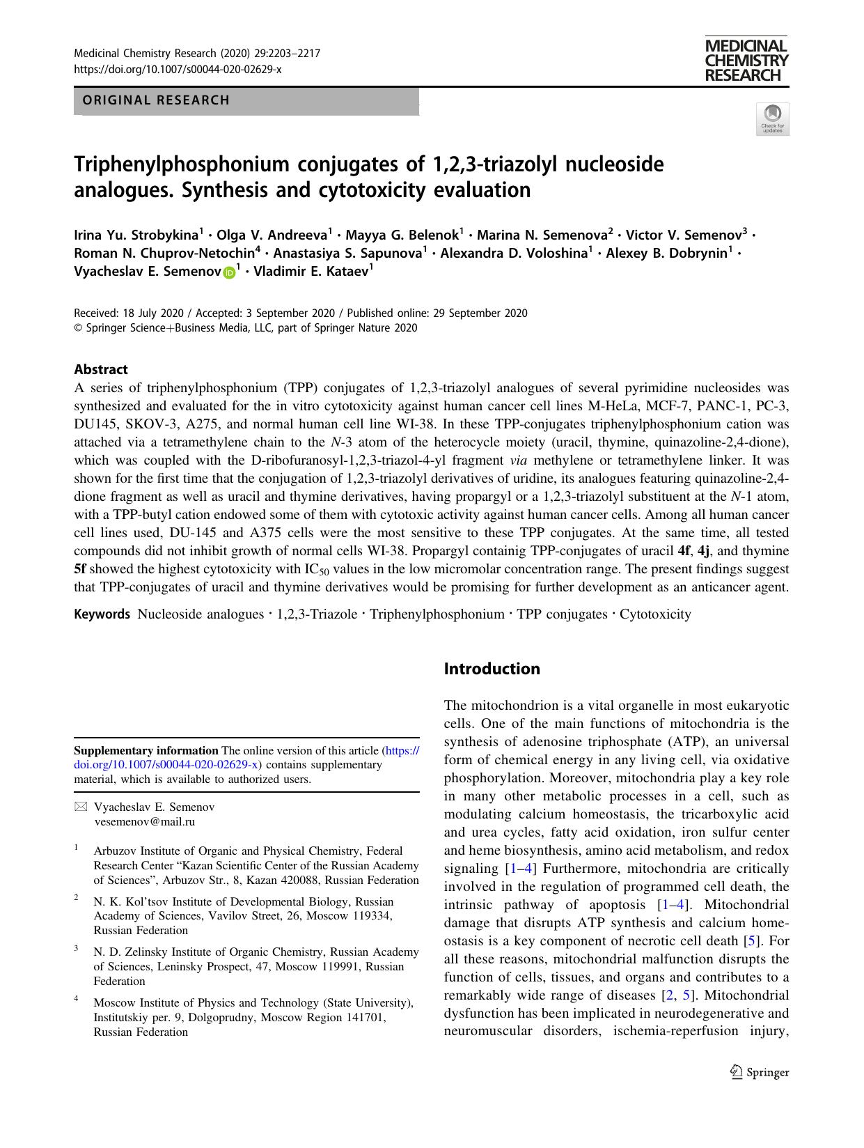 Triphenylphosphonium conjugates of 1,2,3-triazolyl nucleoside analogues. Synthesis and cytotoxicity evaluation by unknow