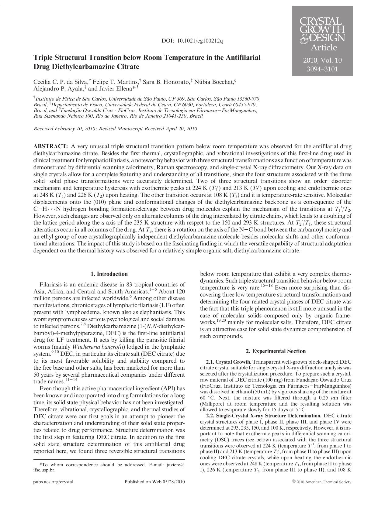 Triple Structural Transition below Room Temperature in the Antifilarial Drug Diethylcarbamazine Citrate by Unknown