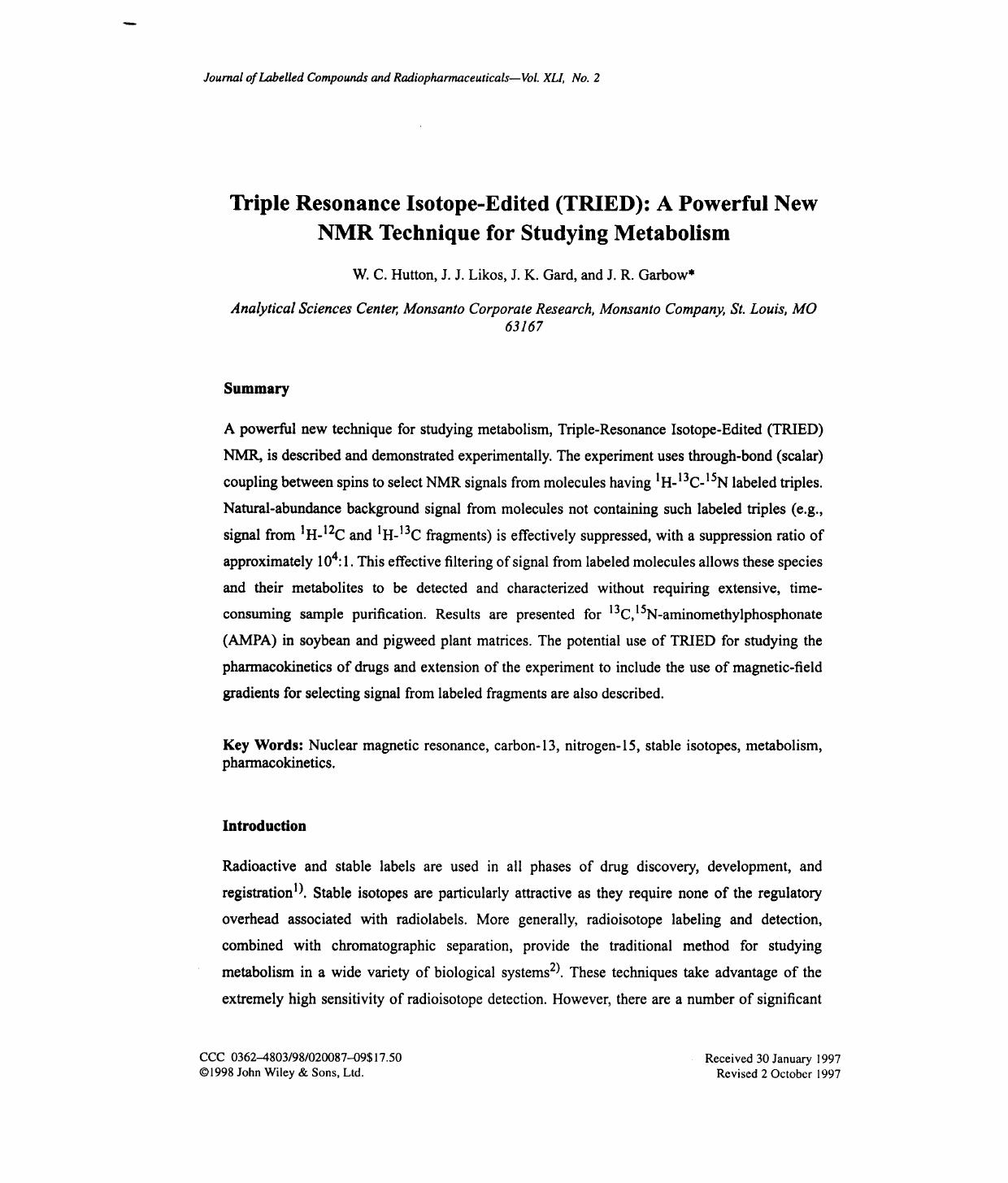 Triple resonance isotope-edited (TRIED): a powerful new NMR technique for studying metabolism by Unknown