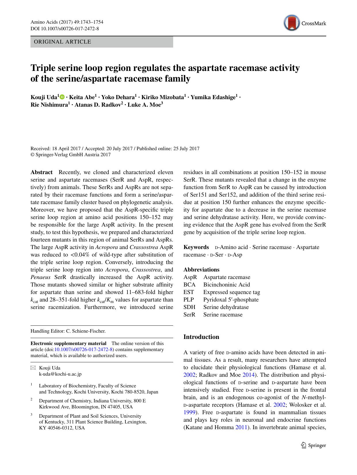 Triple serine loop region regulates the aspartate racemase activity of the serineaspartate racemase family by unknow