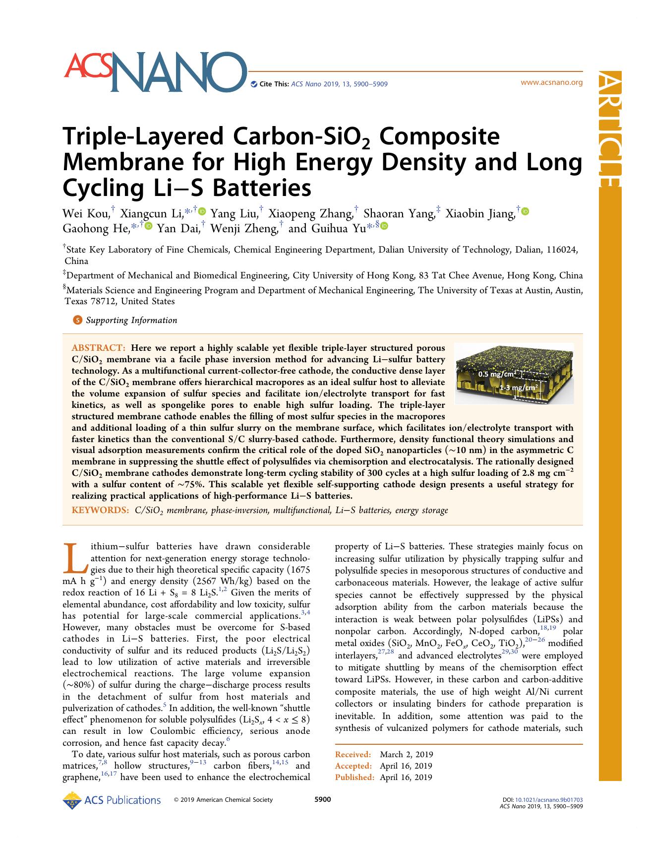 Triple-Layered Carbon-SiO2 Composite Membrane for High Energy Density and Long Cycling LiâS Batteries by unknow