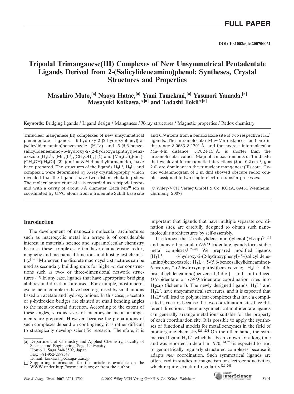 Tripodal Trimanganese(III) Complexes of New Unsymmetrical Pentadentate Ligands Derived from 2-(Salicylideneamino)phenol: Syntheses, Crystal Structures and Properties by Unknown