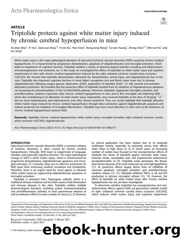 Triptolide protects against white matter injury induced by chronic cerebral hypoperfusion in mice by unknow