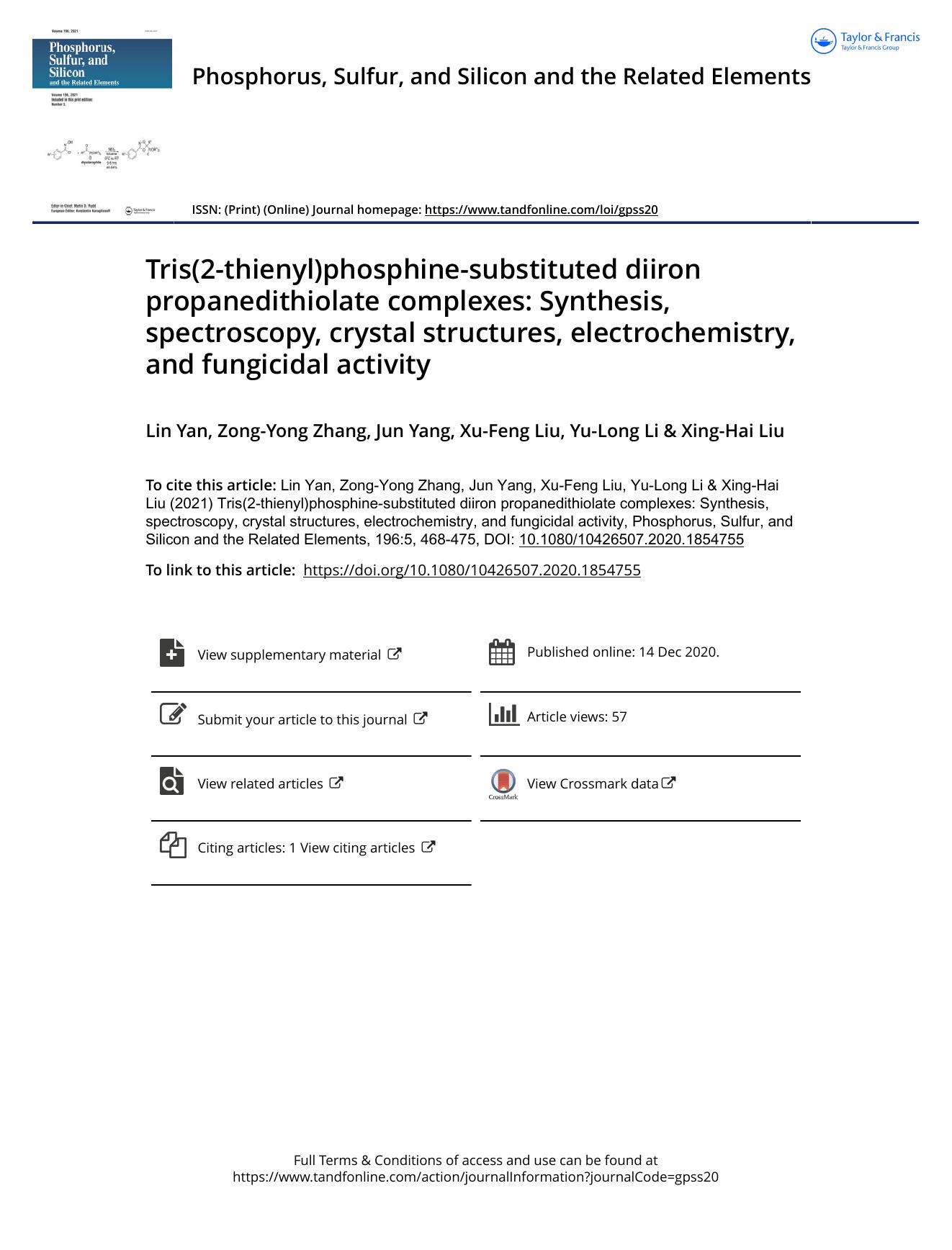 Tris(2-thienyl)phosphine-substituted diiron propanedithiolate complexes: Synthesis, spectroscopy, crystal structures, electrochemistry, and fungicidal activity by Yan Lin & Zhang Zong-Yong & Yang Jun & Liu Xu-Feng & Li Yu-Long & Liu Xing-Hai