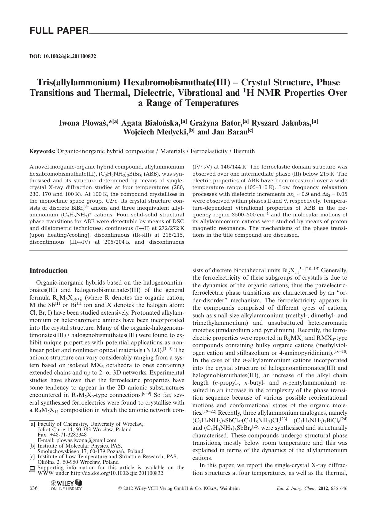 Tris(allylammonium) Hexabromobismuthate(III) Crystal Structure, Phase Transitions and Thermal, Dielectric, Vibrational and 1H NMR Properties Over a Range of Temperatures by Unknown