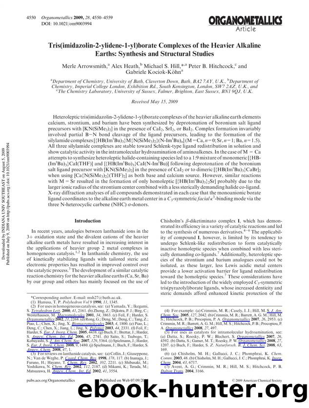Tris(imidazolin-2-ylidene-1-yl)borate Complexes of the Heavier Alkaline Earths: Synthesis and Structural Studies by Merle Arrowsmitha Alex Heathb Michael S. Hill*a Peter B. Hitchcockc & Gabriele Kociok-Köhna