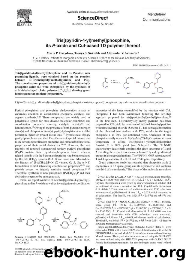 Tris[(pyridin-4-yl)methyl]phosphine, its P-oxide and CuI-based 1D polymer thereof by Maria P. Davydova & Taisiya S. Sukhikh & Alexander V. Artem’ev
