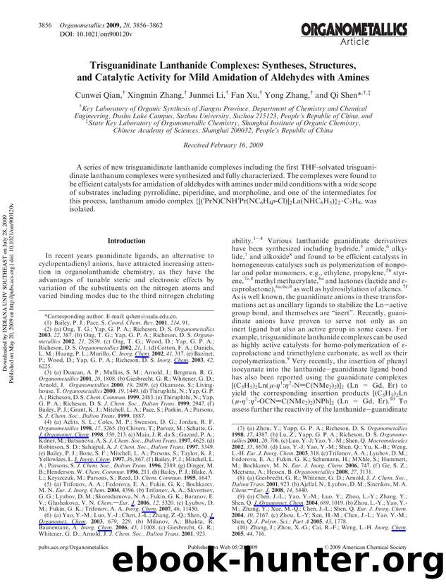 Trisguanidinate Lanthanide Complexes: Syntheses, Structures, and Catalytic Activity for Mild Amidation of Aldehydes with Amines by Cunwei Qian† Xingmin Zhang† Junmei Li† Fan Xu† Yong Zhang† & Qi Shen*†‡