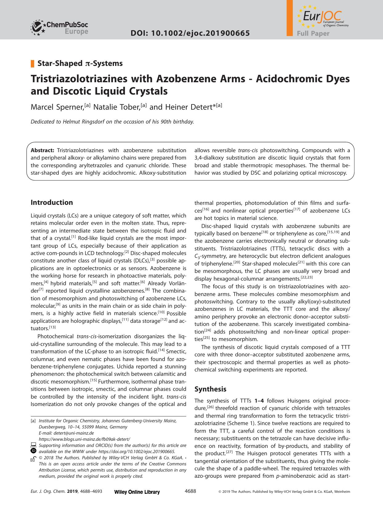 Tristriazolotriazines with Azobenzene Arms &#x02010; Acidochromic Dyes and Discotic Liquid Crystals by Unknown