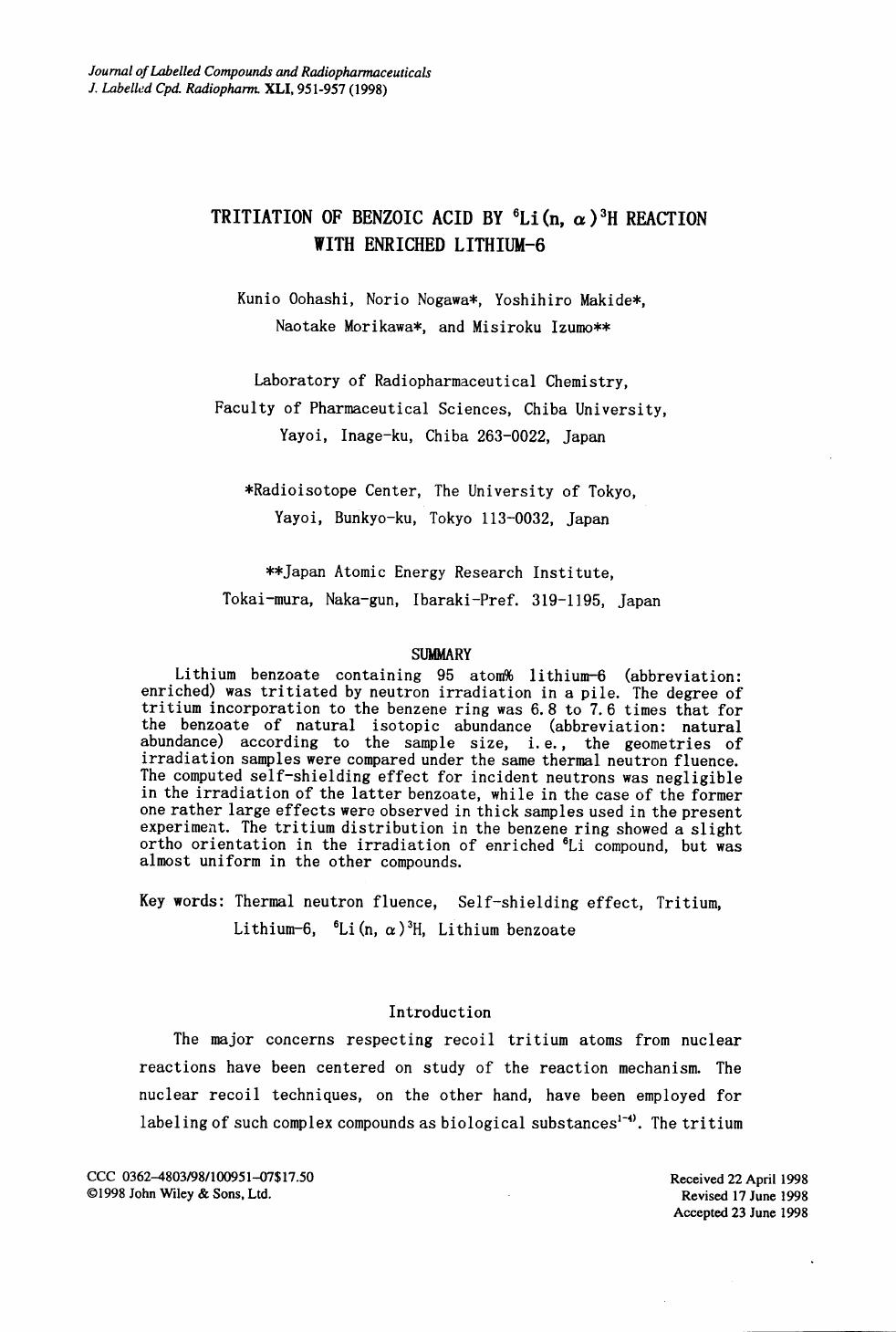 Tritation of benzoic acid by 6Li(n,[agr])3H reaction with enriched lithium-6 by Unknown