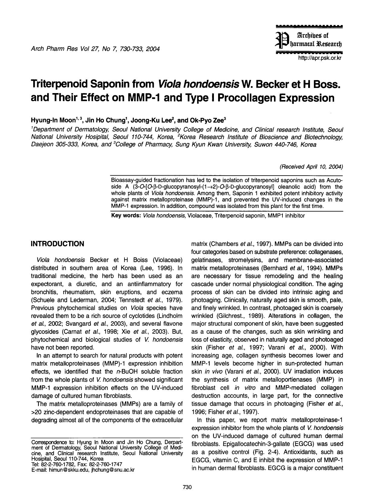 Triterpenoid saponin from <Emphasis Type="Italic">viola hondoensis <Emphasis> W. Becker et H Boss. and their effect on mmp-1 and type i procollagen expression by Unknown
