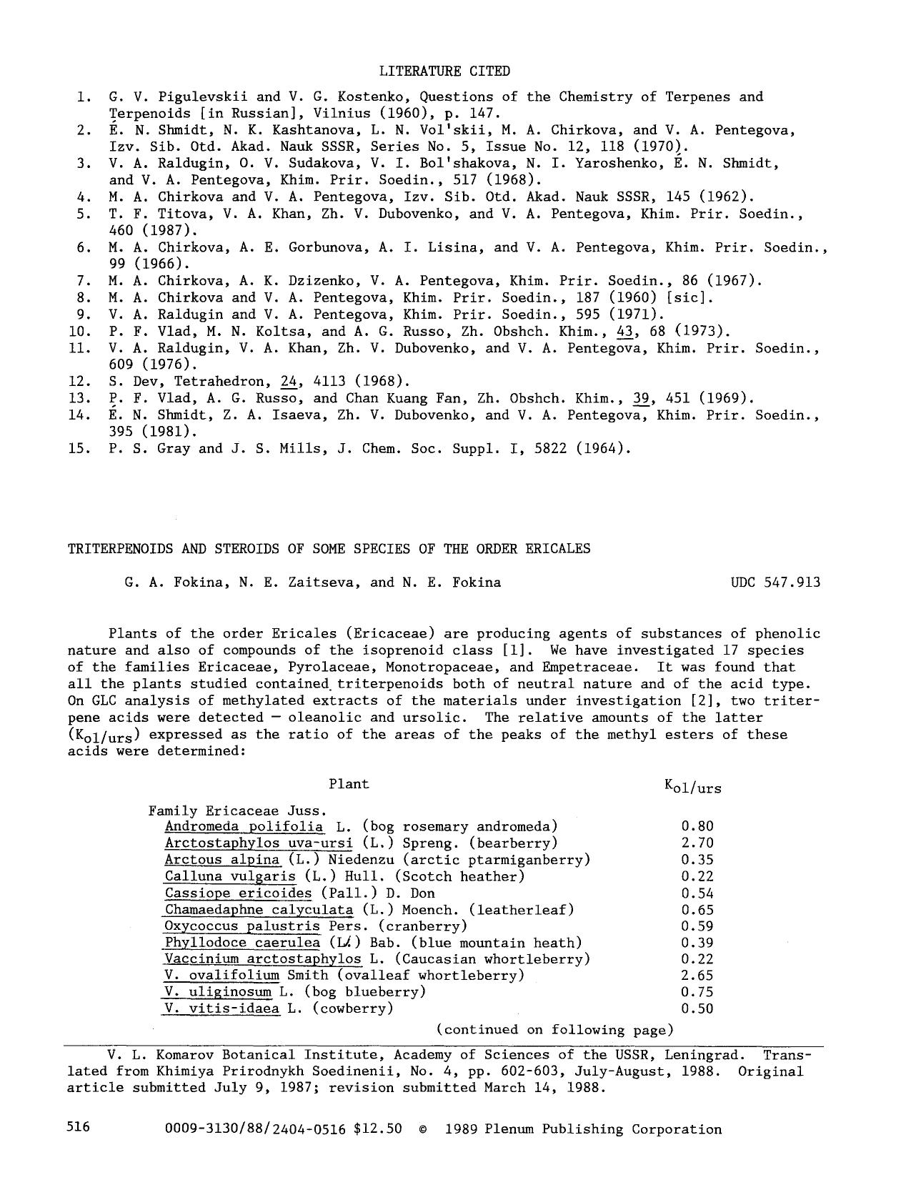 Triterpenoids and steroids of some species of the order Ericales by Unknown