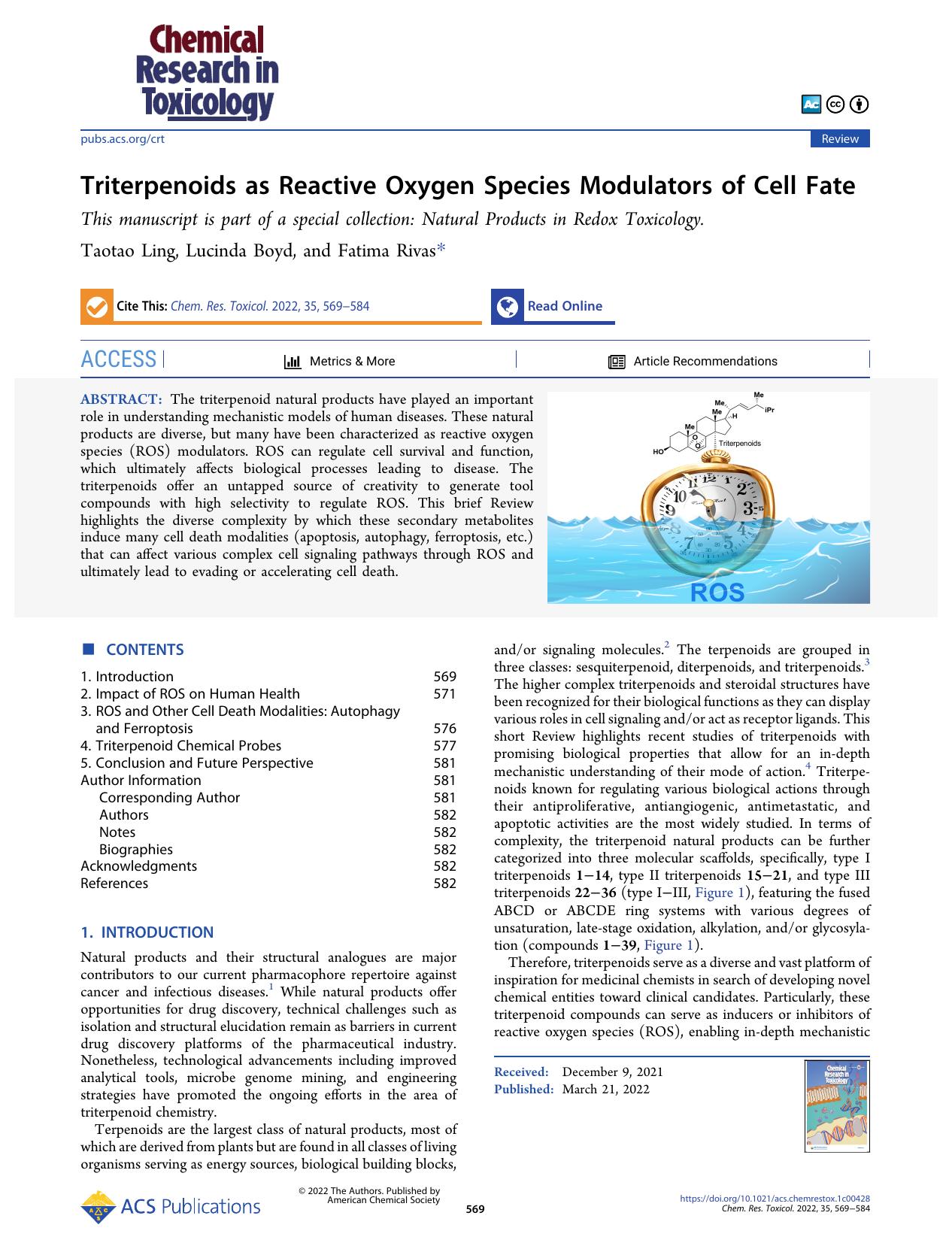 Triterpenoids as Reactive Oxygen Species Modulators of Cell Fate by Taotao Ling Lucinda Boyd and Fatima Rivas