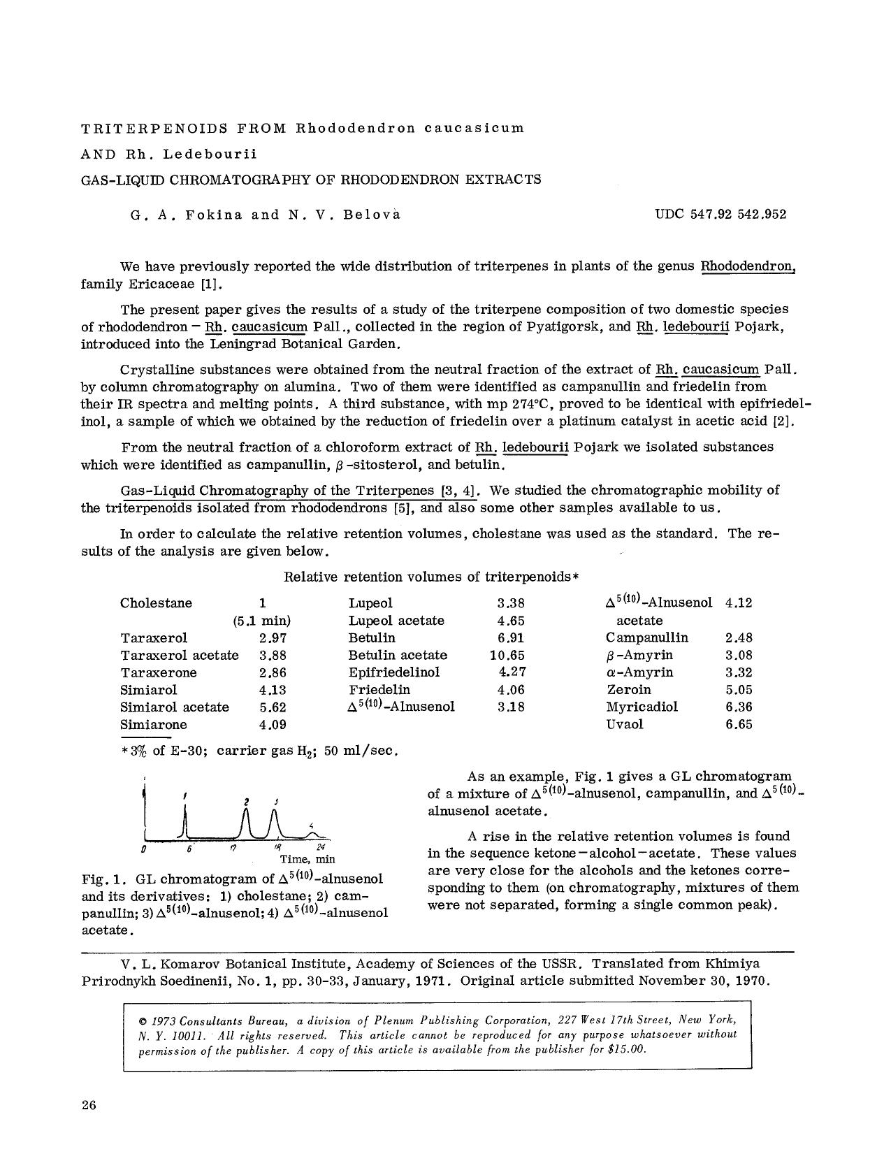 Triterpenoids from Rhododendron caucasicum and Rh. ledebourii gas-liquid chromatography of rhododendron extracts by Unknown