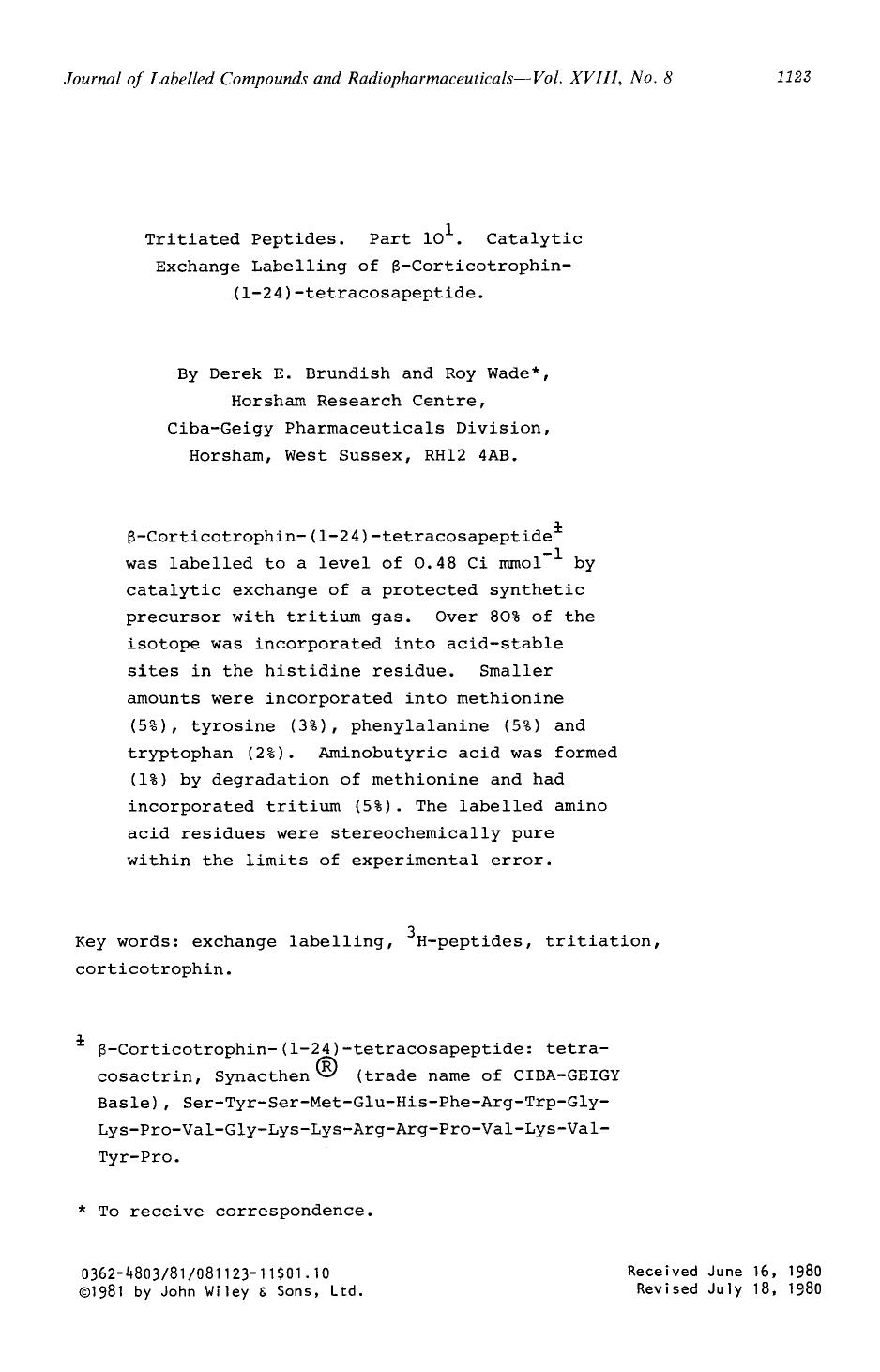 Tritiated peptides. Part 101. Catalytic exchange labelling of [beta]-corticotrophin- (1-24) -tetracosapeptide by Unknown