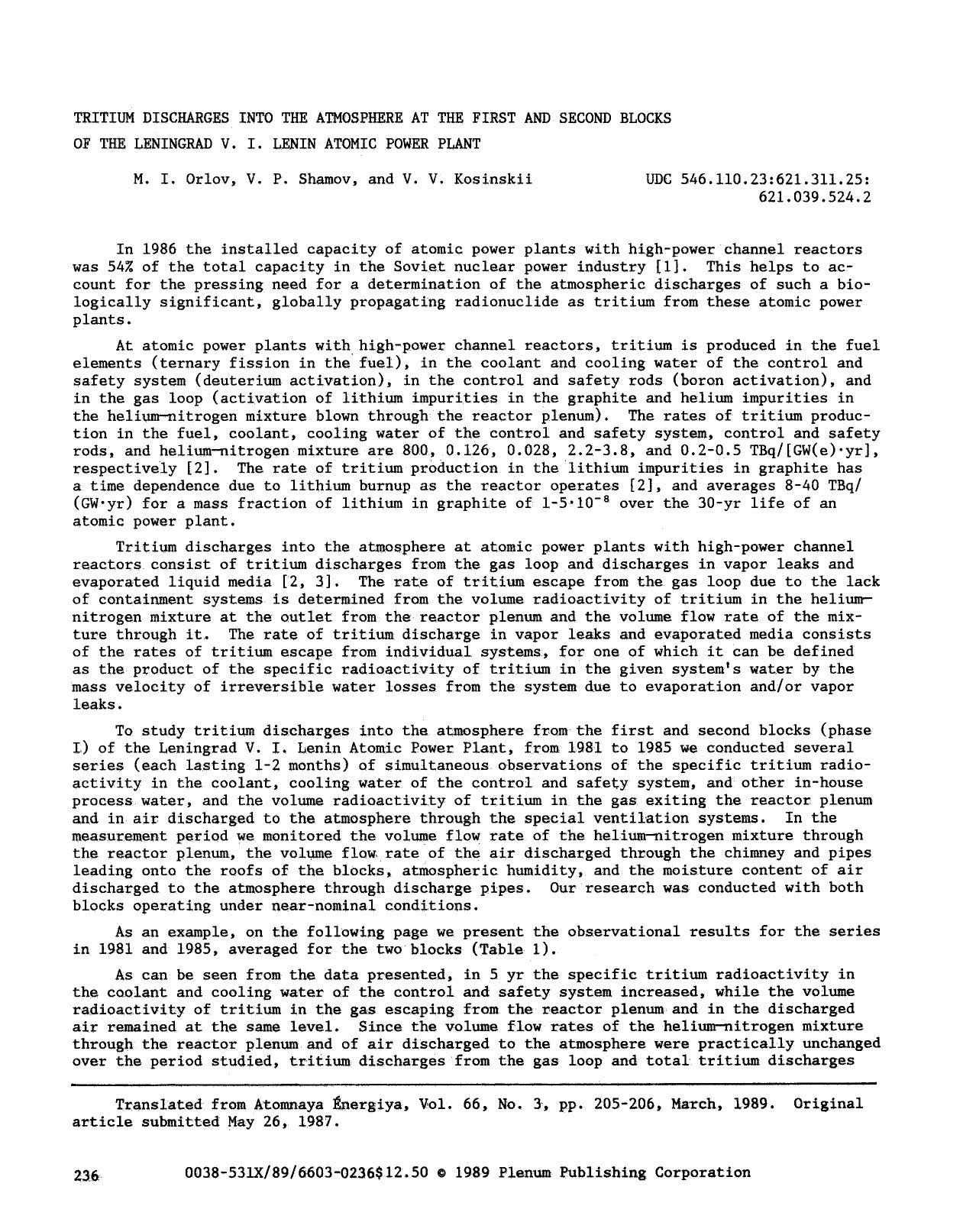 Tritium discharges into the atmosphere at the first and second blocks of the Leningrad V. I. Lenin atomic power plant by Unknown