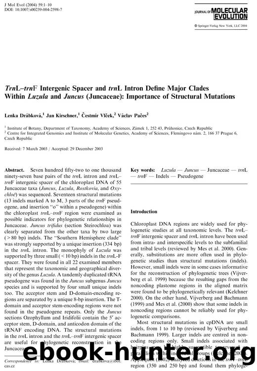TrnL-trnF Intergenic Spacer and trnL Intron Define Major Clades Within Luzula and Juncus (Juncaceae): Importance of Structural Mutations by Drabkova L. et al
