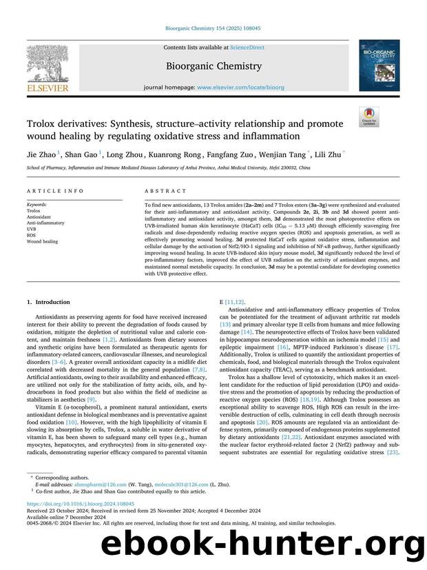 Trolox derivatives: Synthesis, structureâactivity relationship and promote wound healing by regulating oxidative stress and inflammation by Jie Zhao & Shan Gao & Long Zhou & Kuanrong Rong & Fangfang Zuo & Wenjian Tang & Lili Zhu