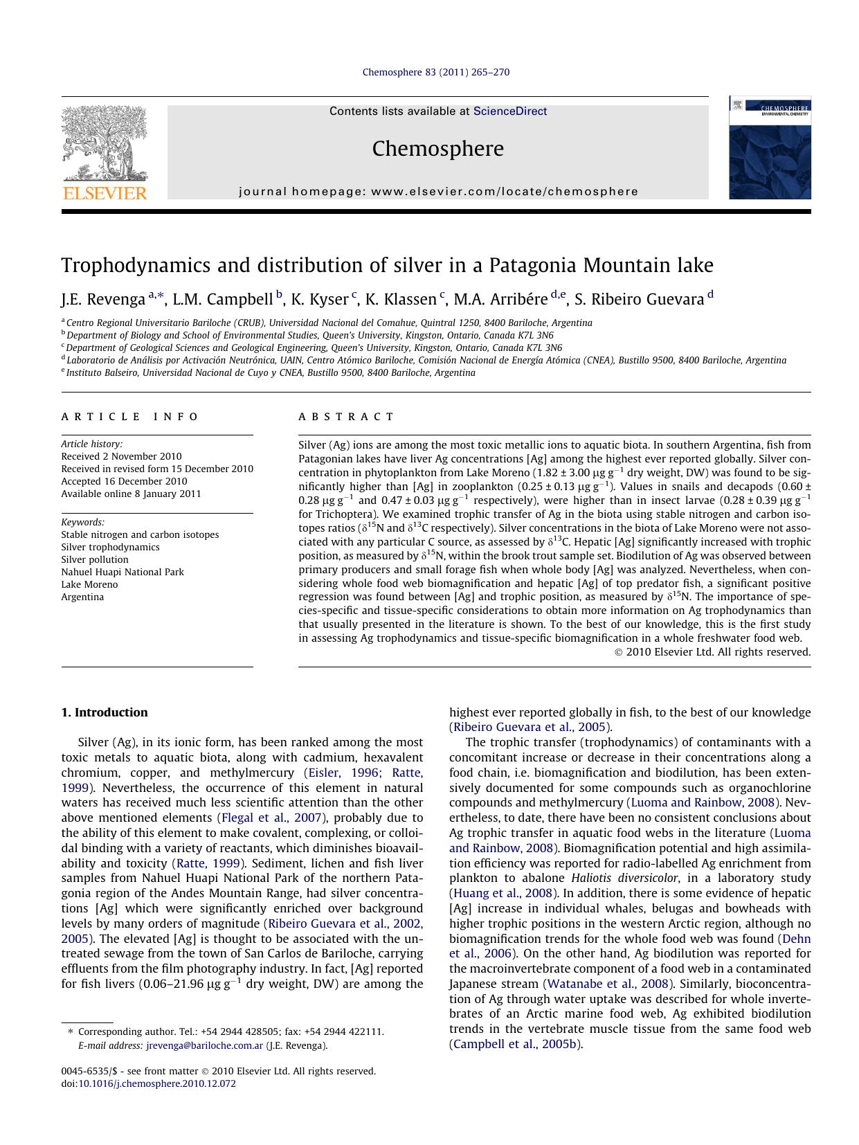 Trophodynamics and distribution of silver in a Patagonia Mountain lake by J.E. Revenga & L.M. Campbell & K. Kyser & K. Klassen & M.A. Arribére & S. Ribeiro Guevara