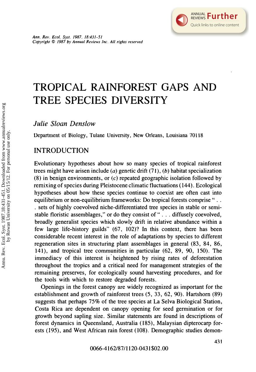 Tropical Rainforest Gaps and Tree Species Diversity by J S Denslow