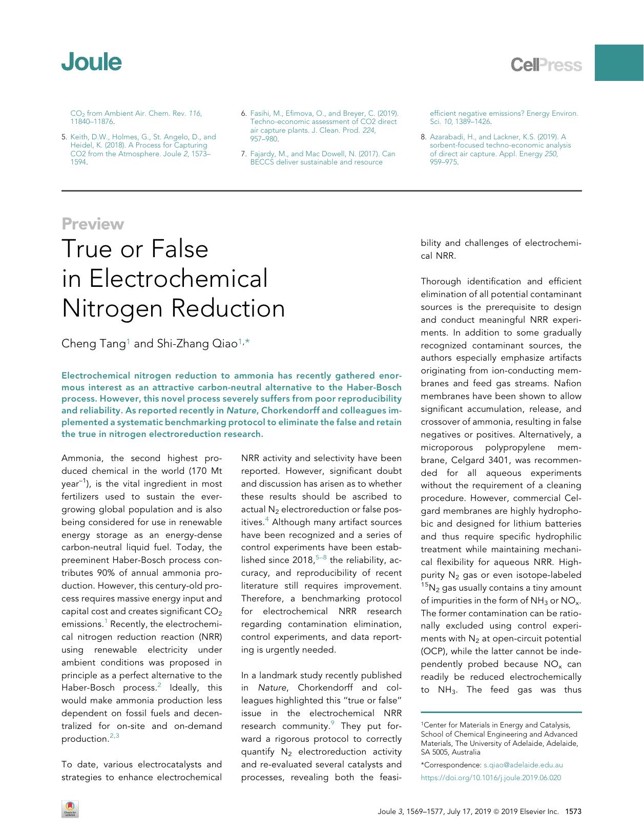 True or False in Electrochemical Nitrogen Reduction by Cheng Tang & Shi-Zhang Qiao