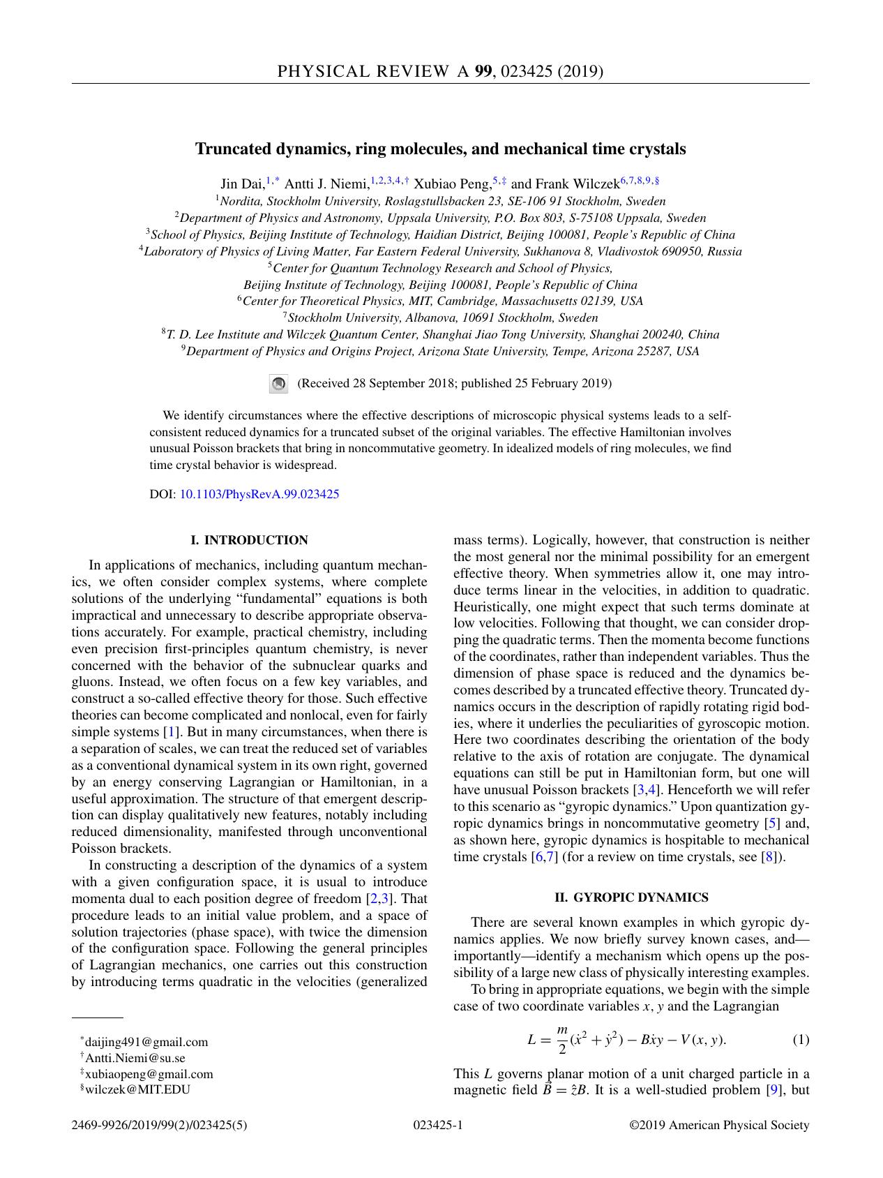 Truncated dynamics, ring molecules, and mechanical time crystals by Jin Dai & Antti J. Niemi & Xubiao Peng & Frank Wilczek