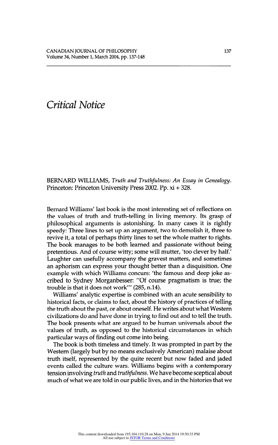 Truth and Truthfulness: An Essay in Genealogy by Bernard Williams by Truth & Truthfulness