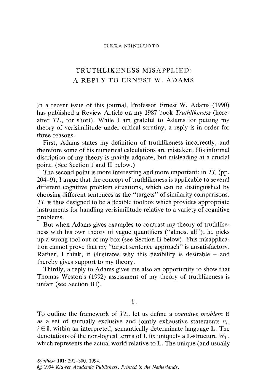 Truthlikeness misapplied: A reply to Ernest W. Adams by Unknown