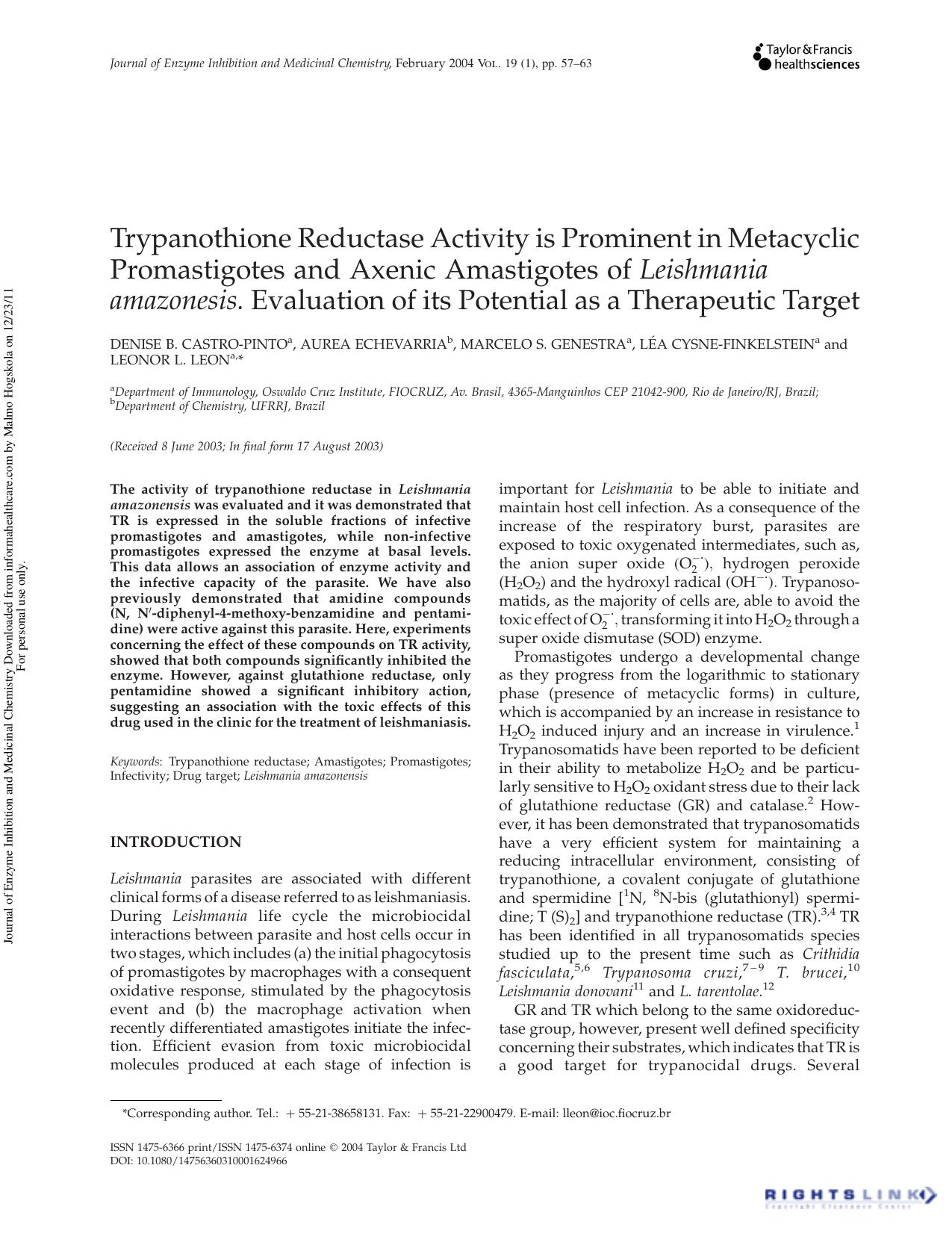 Trypanothione Reductase Activity is Prominent in Metacyclic Promastigotes and Axenic Amastigotes of Leishmania amazonesis. Evaluation of its Potential as a Therapeutic Target by unknow