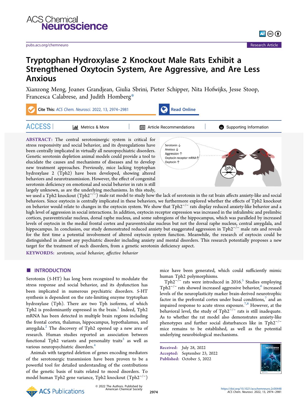 Tryptophan Hydroxylase 2 Knockout Male Rats Exhibit a Strengthened Oxytocin System, Are Aggressive, and Are Less Anxious by unknow