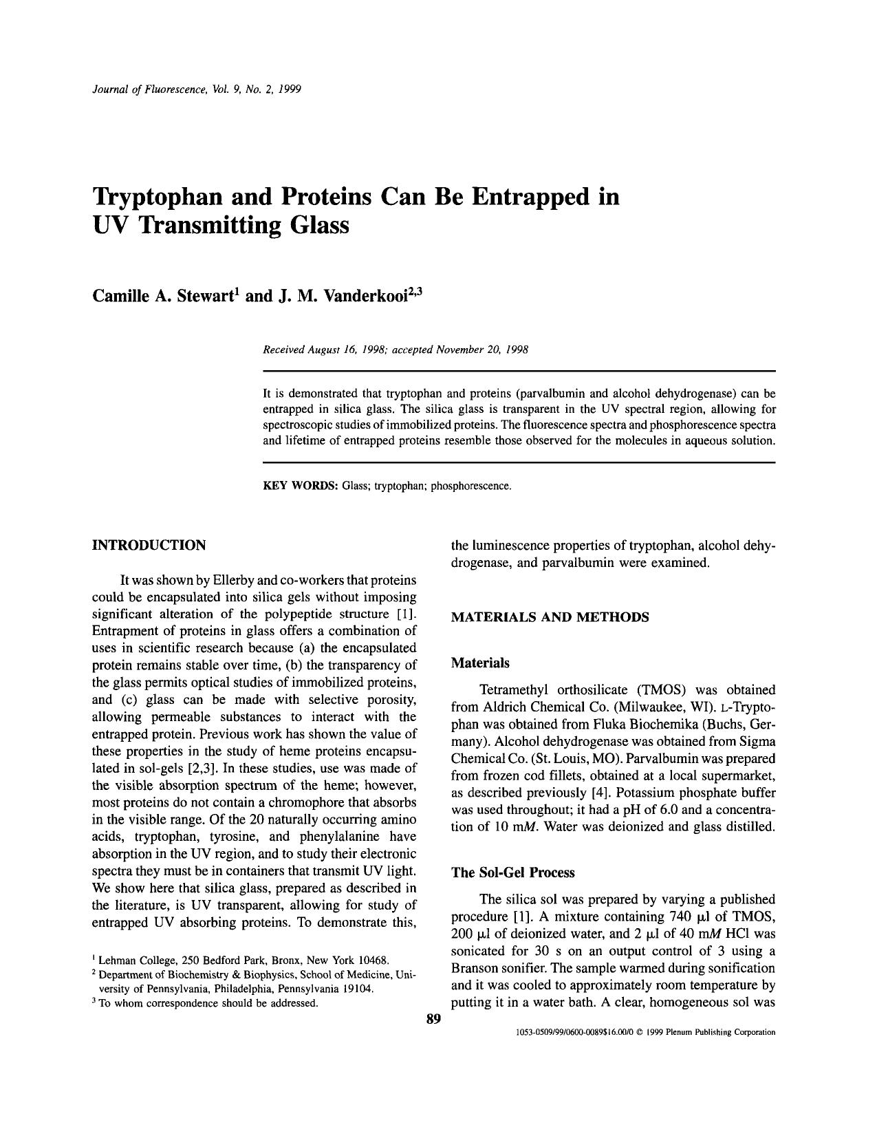 Tryptophan and Proteins Can Be Entrapped in UV Transmitting Glass by Unknown