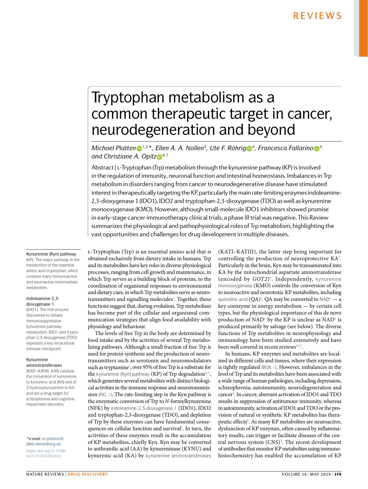 Tryptophan metabolism as a common therapeutic target in cancer, neurodegeneration and beyond by Michael Platten & Ellen A. A. Nollen & Ute F. Röhrig & Francesca Fallarino & Christiane A. Opitz