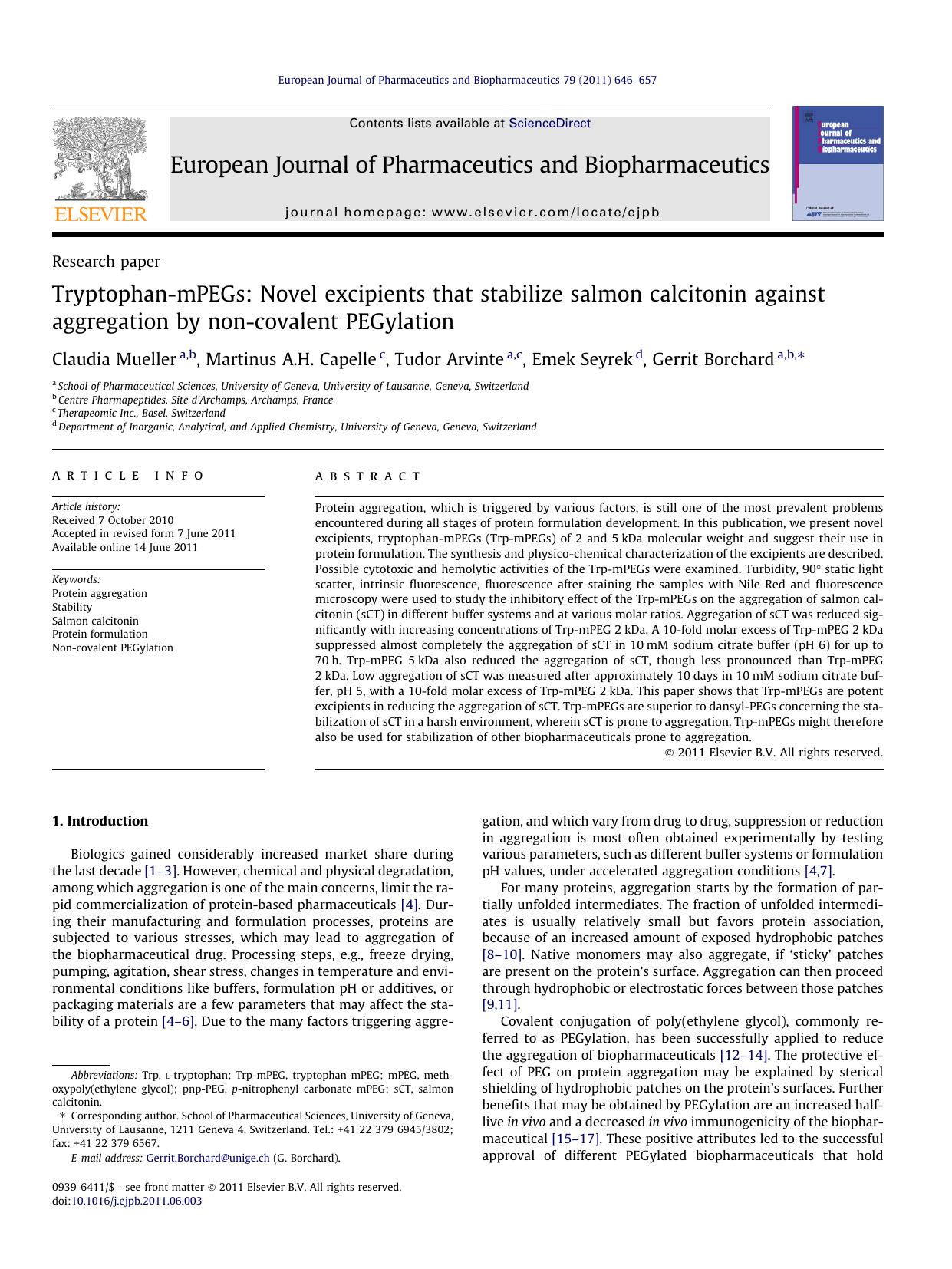 Tryptophan-mPEGs: Novel excipients that stabilize salmon calcitonin against aggregation by non-covalent PEGylation by Claudia Mueller & Martinus A.H. Capelle & Tudor Arvinte & Emek Seyrek & Gerrit Borchard