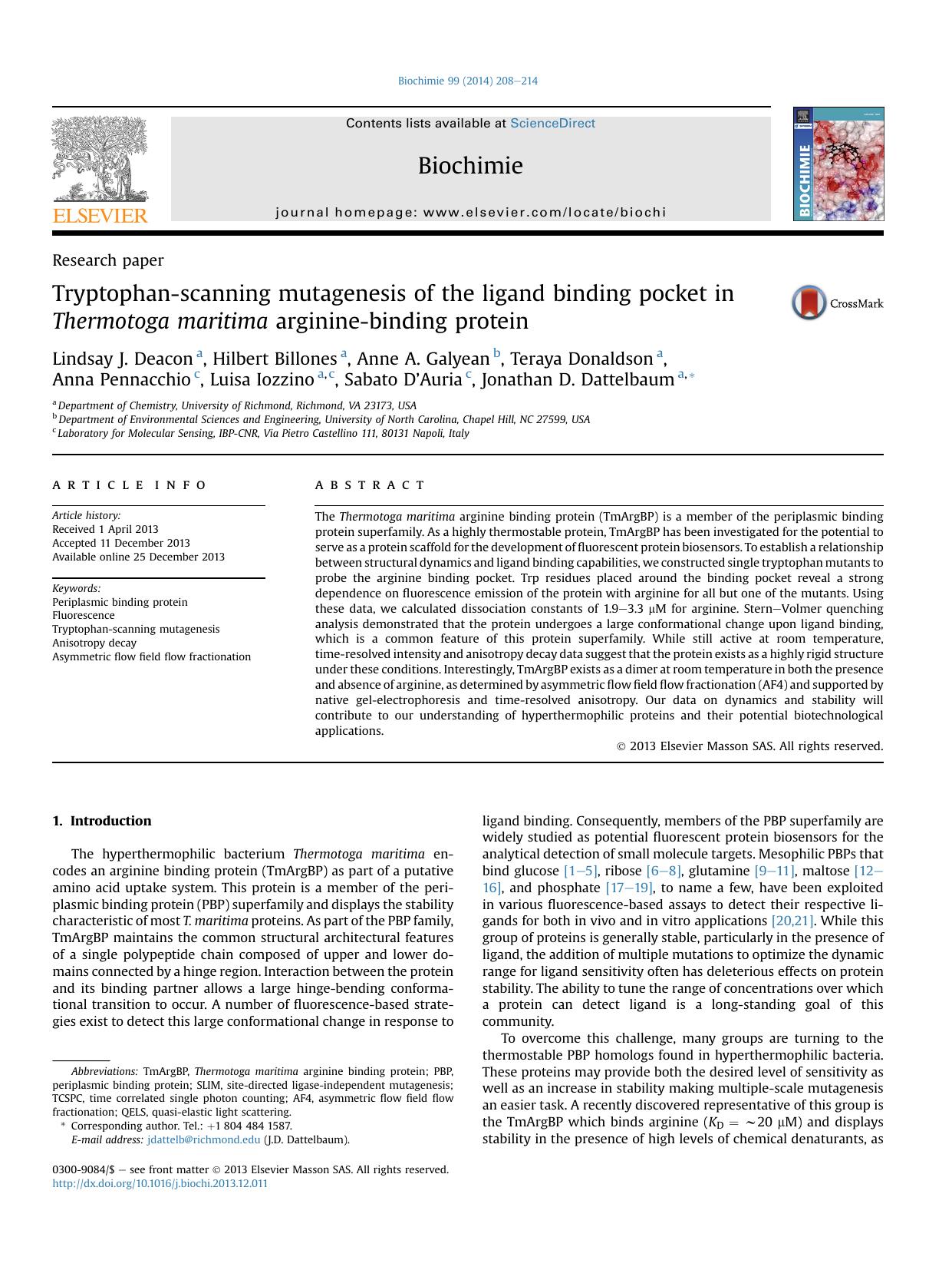 Tryptophan-scanning mutagenesis of the ligand binding pocket in Thermotoga maritima arginine-binding protein by unknow