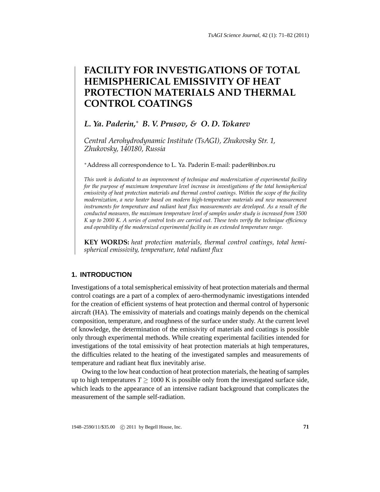TsAGI4201-005-3491 FACILITY FOR INVESTIGATIONS OF TOTAL HEMISPHERICAL EMISSIVITY OF HEAT PROTECTION MATERIALS AND THERMAL CONTROL COATINGS by Unknown