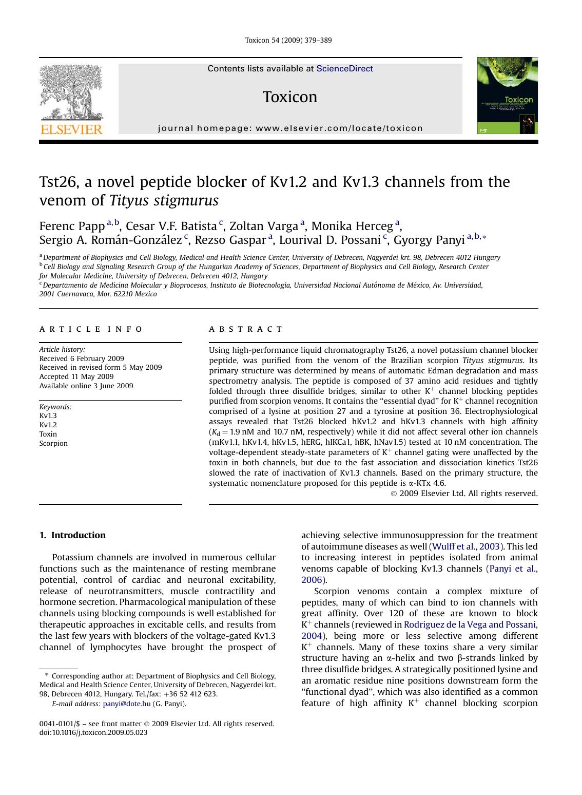 Tst26, a novel peptide blocker of Kv1.2 and Kv1.3 channels from the venom of Tityus stigmurus by unknow