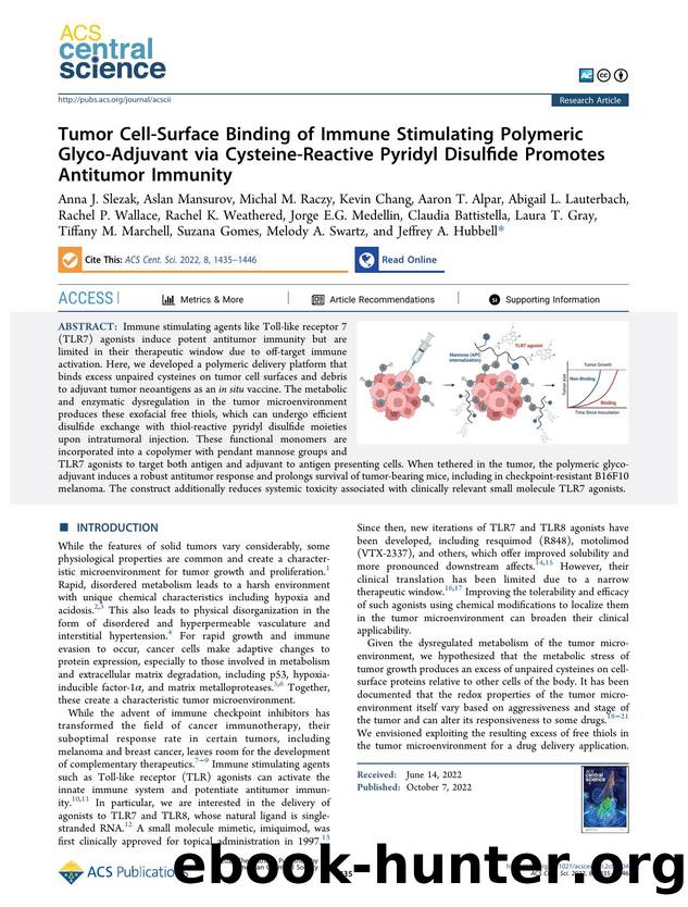 Tumor Cell-Surface Binding of Immune Stimulating Polymeric Glyco-Adjuvant via Cysteine-Reactive Pyridyl Disulfide Promotes Antitumor Immunity by unknow