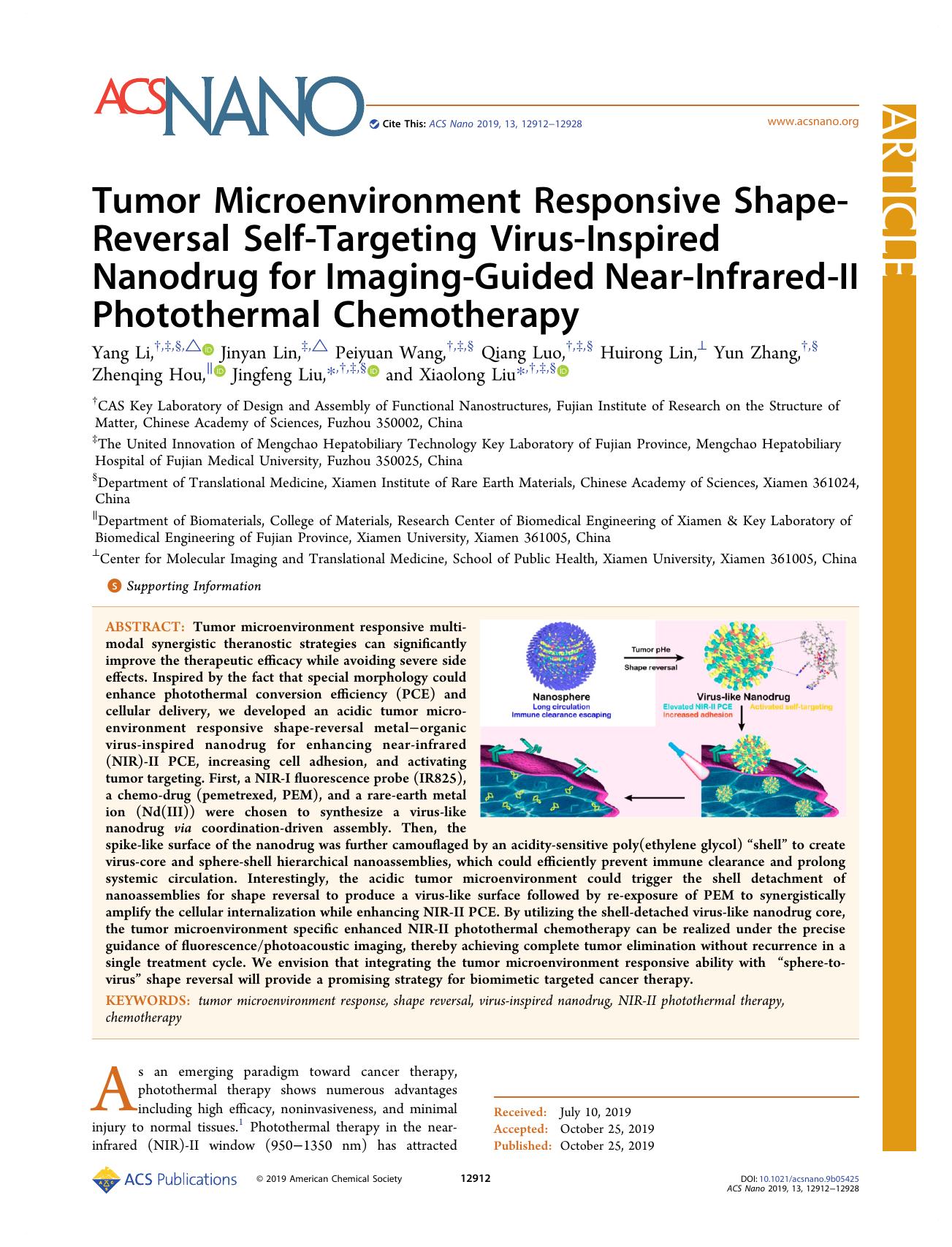 Tumor Microenvironment Responsive Shape-Reversal Self-Targeting Virus-Inspired Nanodrug for Imaging-Guided Near-Infrared-II Photothermal Chemotherapy by unknow
