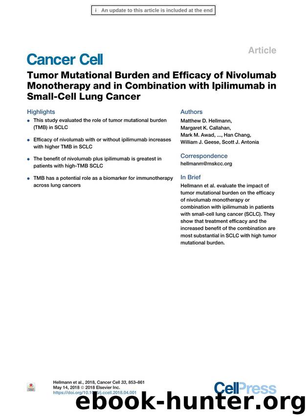 Tumor Mutational Burden and Efficacy of Nivolumab Monotherapy and in Combination with Ipilimumab in Small-Cell Lung Cancer by unknow