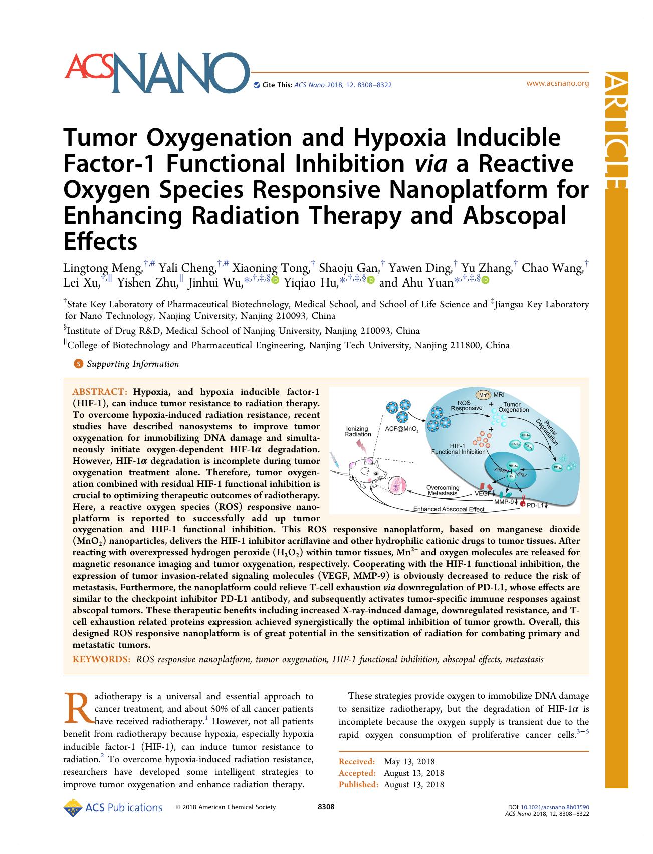 Tumor Oxygenation and Hypoxia Inducible Factor-1 Functional Inhibition via a Reactive Oxygen Species Responsive Nanoplatform for Enhancing Radiation Therapy and Abscopal Effects by unknow