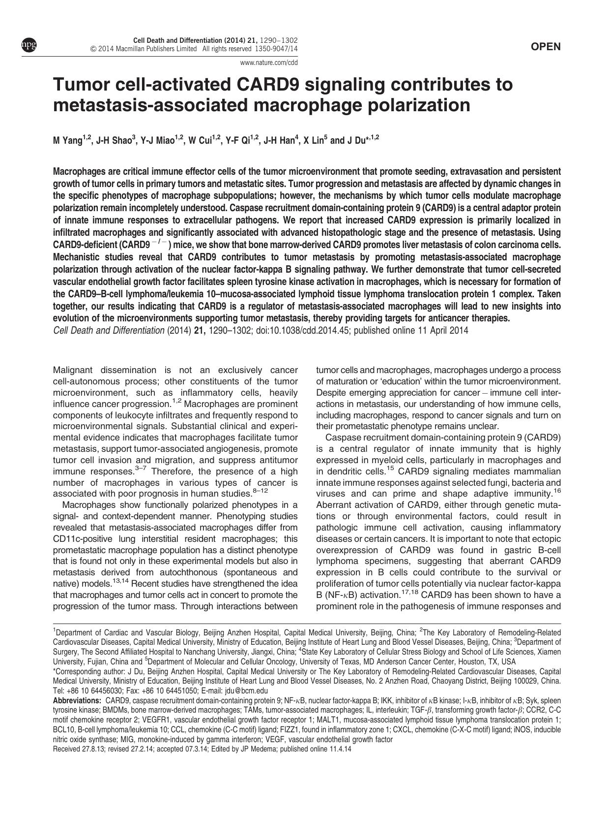Tumor cell-activated CARD9 signaling contributes to metastasis-associated macrophage polarization by M Yang & J-H Shao & Y-J Miao & W Cui & Y-F Qi & J-H Han & X Lin & J Du &