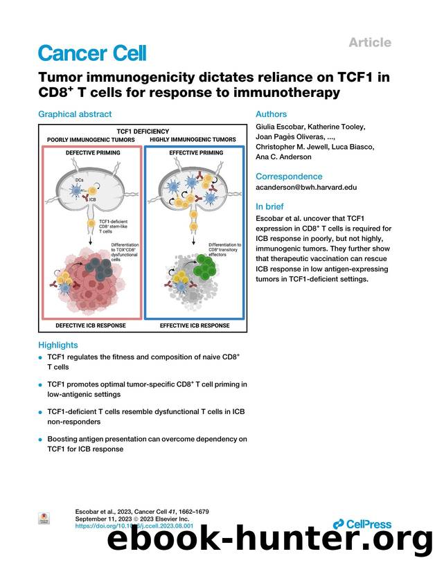 Tumor immunogenicity dictates reliance on TCF1 in CD8&#x002B; T&nbsp;cells for response to immunotherapy by unknow