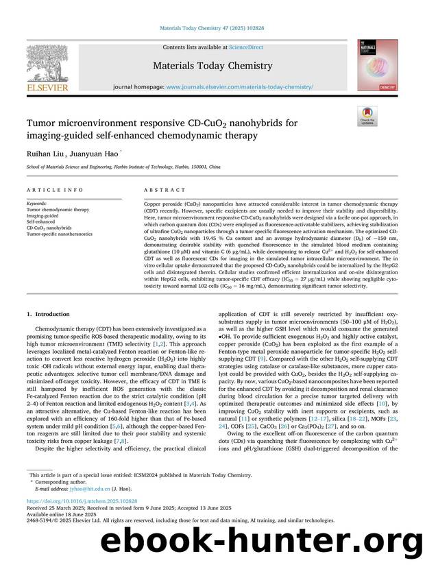 Tumor microenvironment responsive CD-CuO2 nanohybrids for imaging-guided self-enhanced chemodynamic therapy by Ruihan Liu