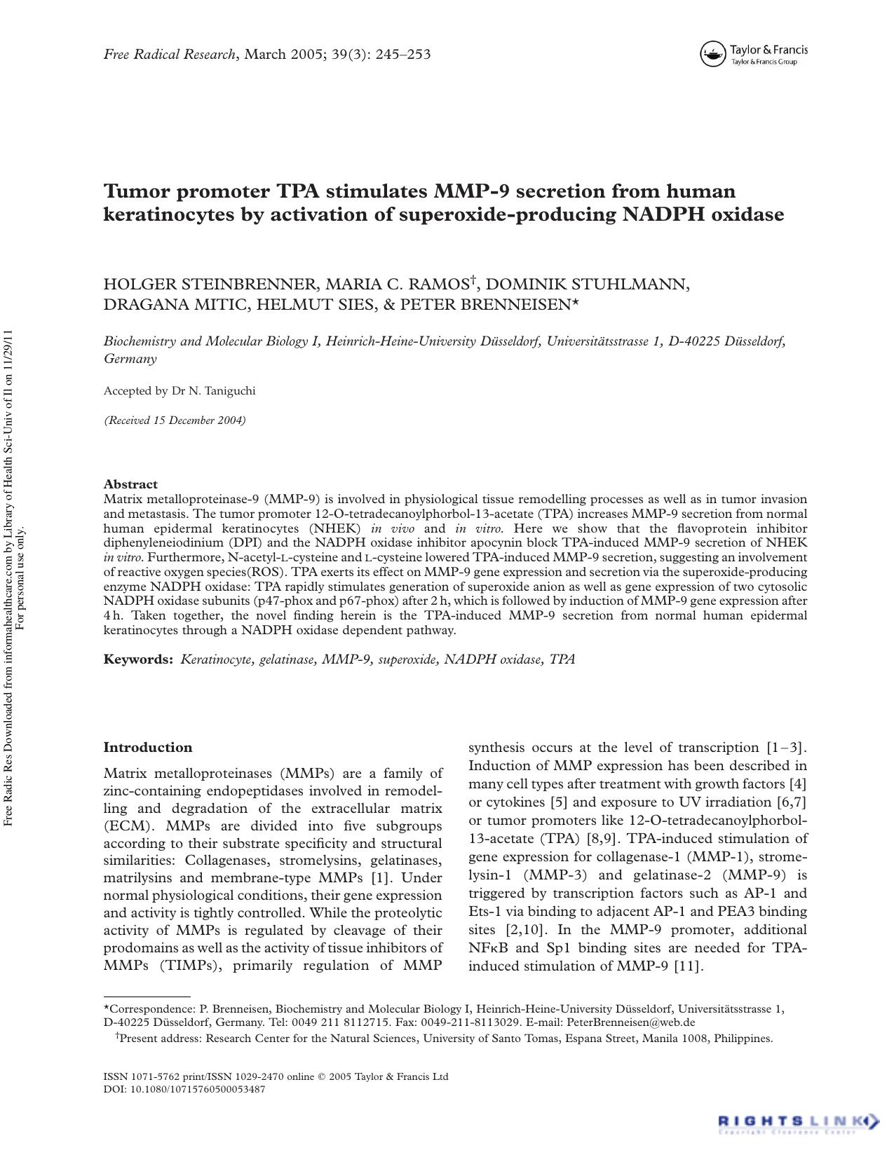 Tumor promoter TPA stimulates MMP-9 secretion from human keratinocytes by activation of superoxide-producing NADPH oxidase by unknow