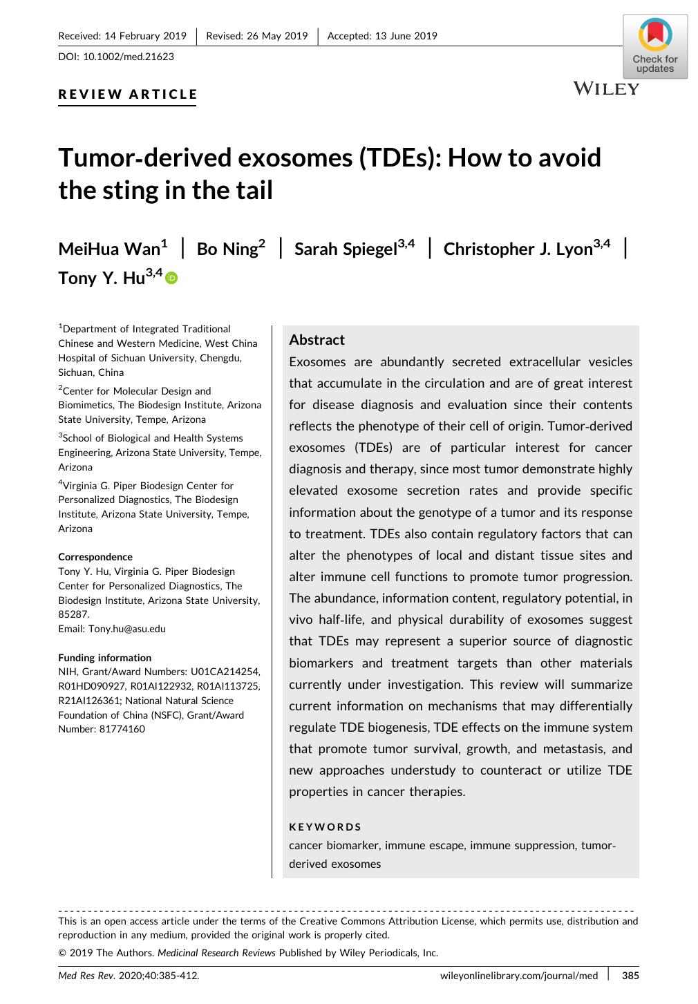 Tumorâderived exosomes (TDEs): How to avoid the sting in the tail by MeiHua Wan