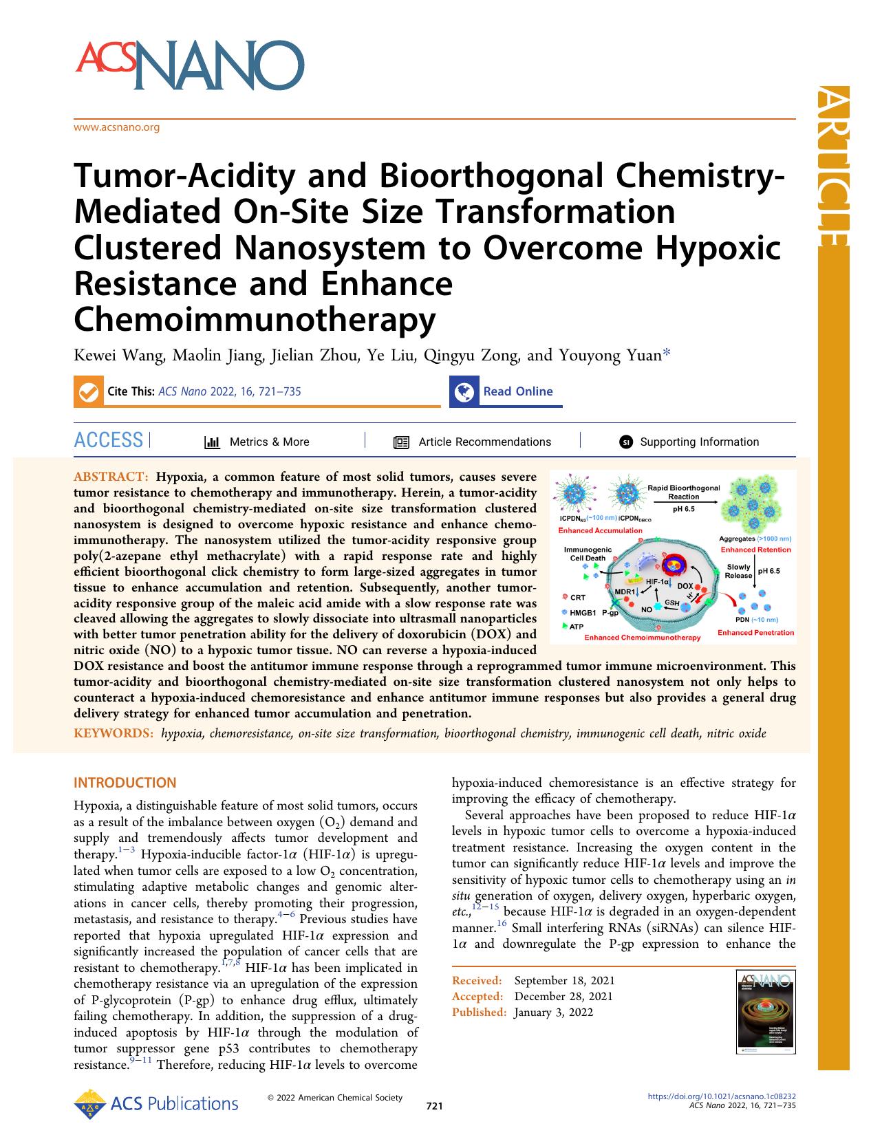 Tumor-Acidity and Bioorthogonal Chemistry-Mediated On-Site Size Transformation Clustered Nanosystem to Overcome Hypoxic Resistance and Enhance Chemoimmunotherapy by Kewei Wang Maolin Jiang Jielian Zhou Ye Liu Qingyu Zong and Youyong Yuan
