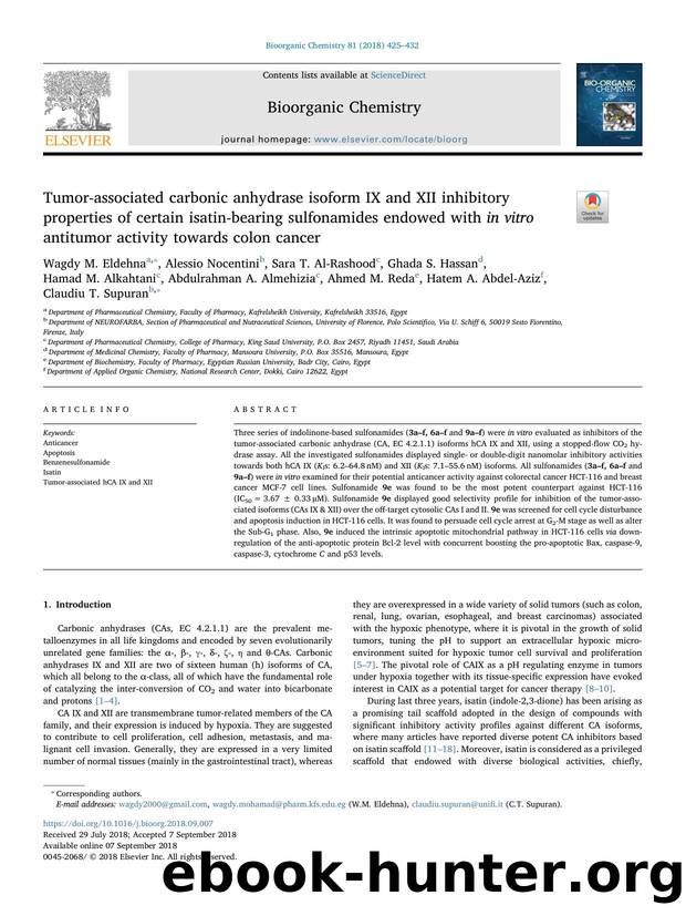 Tumor-associated carbonic anhydrase isoform IX and XII inhibitory properties of certain isatin-bearing sulfonamides endowed with in vitro antitumor activity towards colon cancer by unknow