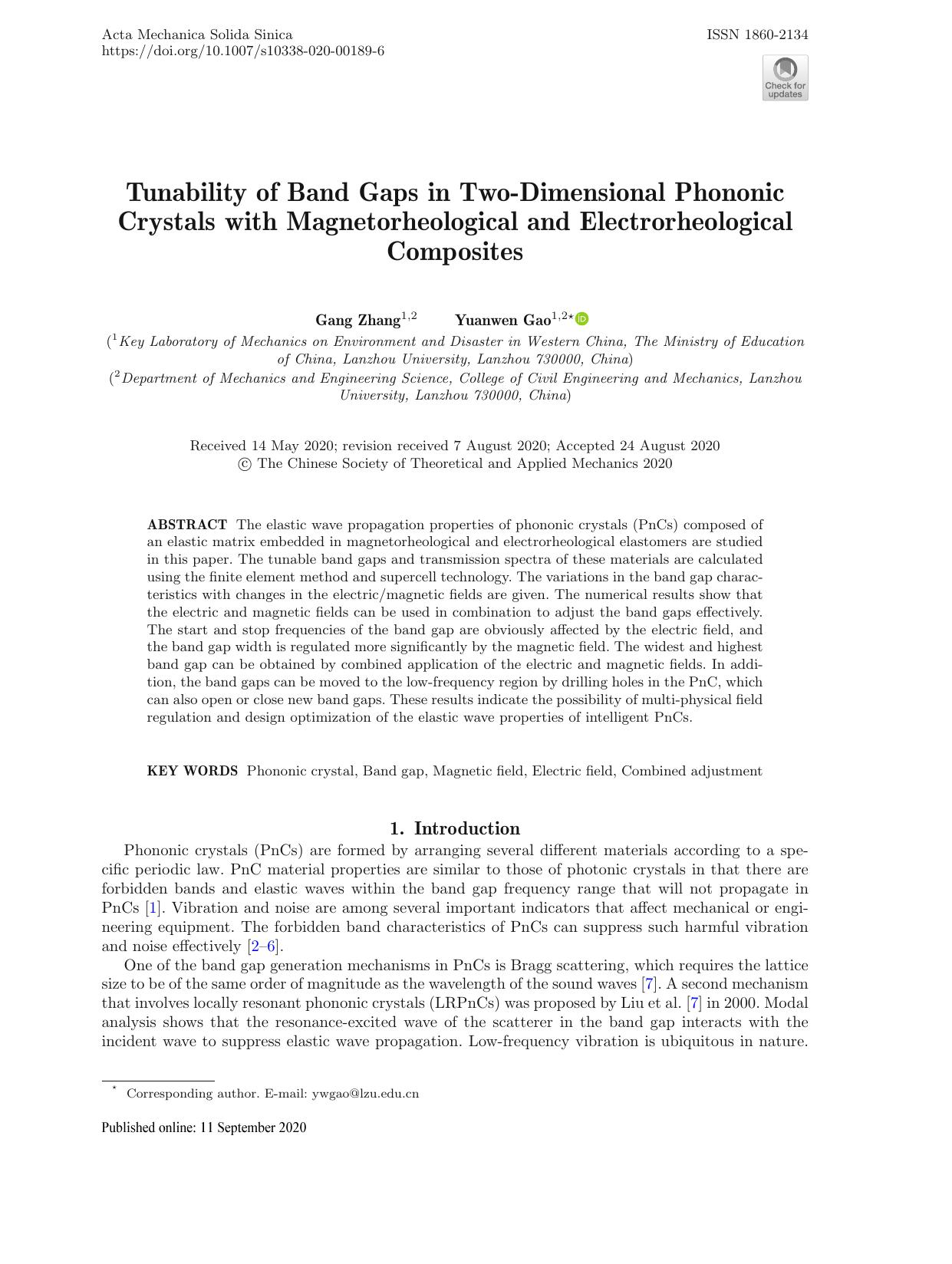 Tunability of Band Gaps in Two-Dimensional Phononic Crystals with Magnetorheological and Electrorheological Composites by Gang Zhang & Yuanwen Gao