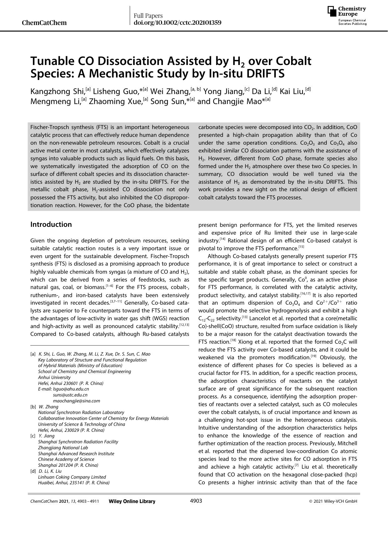 Tunable CO Dissociation Assisted by H2 over Cobalt Species: A Mechanistic Study by Inâsitu DRIFTS by Unknown