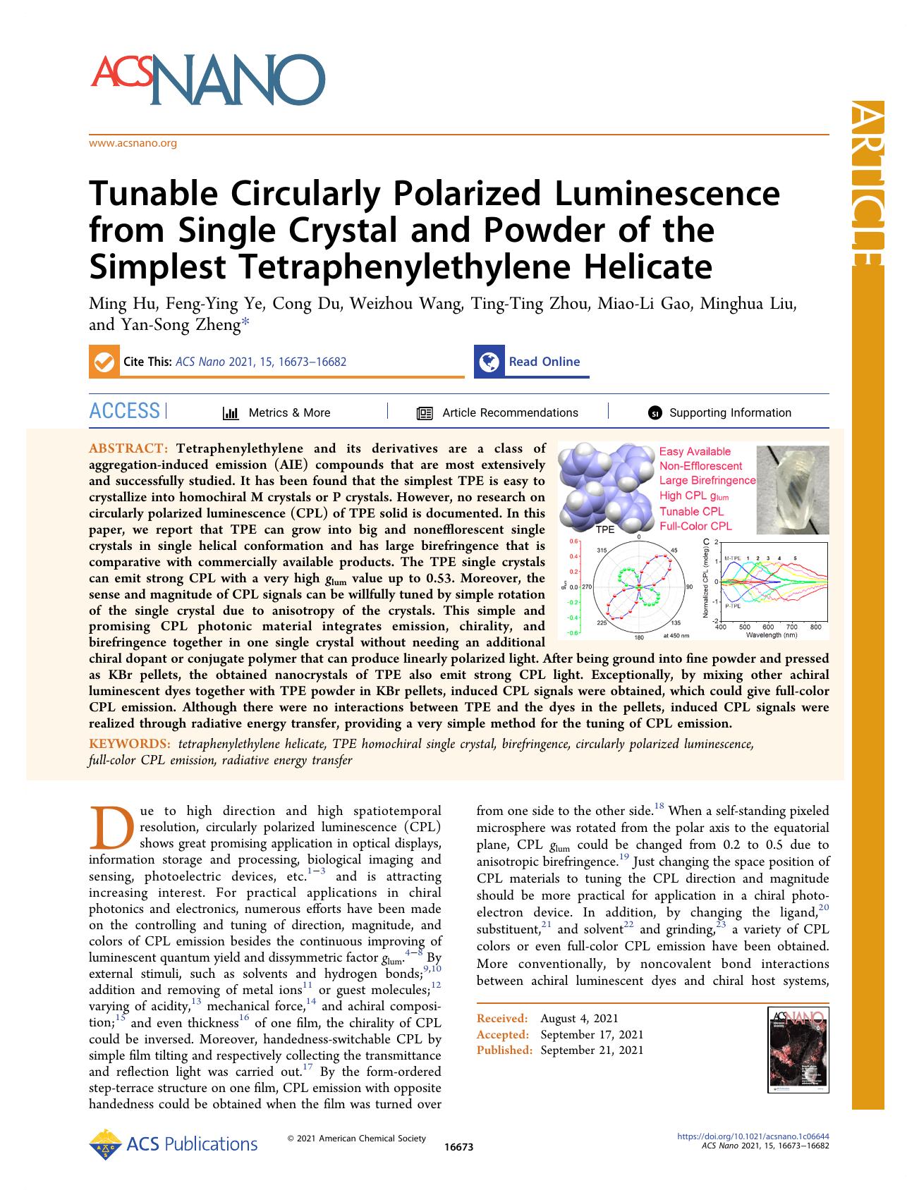 Tunable Circularly Polarized Luminescence from Single Crystal and Powder of the Simplest Tetraphenylethylene Helicate by unknow